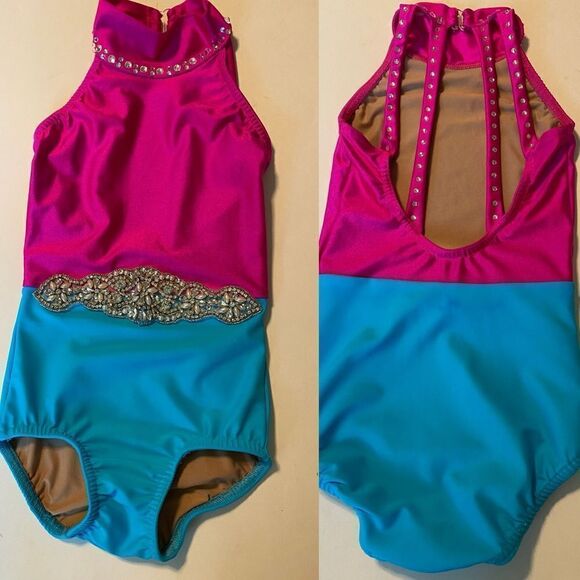 Custom rhinestoned dance costume hot pink Aqua blue leotard child S - Picture 2 of 11